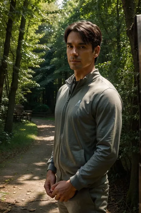  man 40 years old, European, with short hair and dark hair, dressed in a tracksuit. He is in nature, among tall trees and dense greenery, in soft sunlight, passing through the leaves. Provide, to make lighting and shadows look natural. A man should look ca...