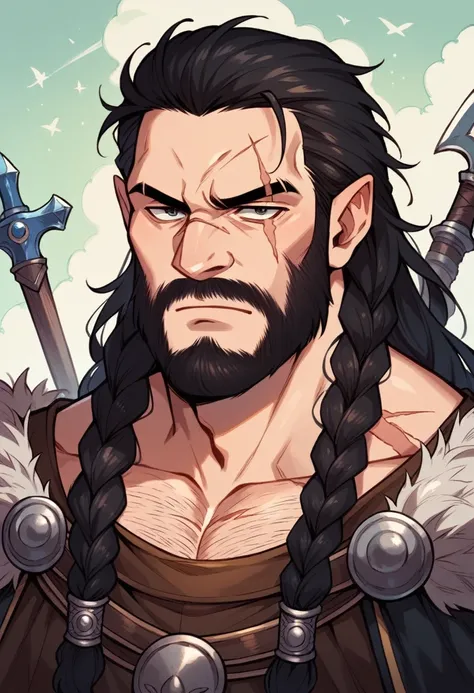 Ultra Detailed, Beautiful, Masterpiece, Best Quality, dwarf, Epic, Fantasy,1guy,dungeons and dragons, blacksmith, long braided beard, scar over left eye