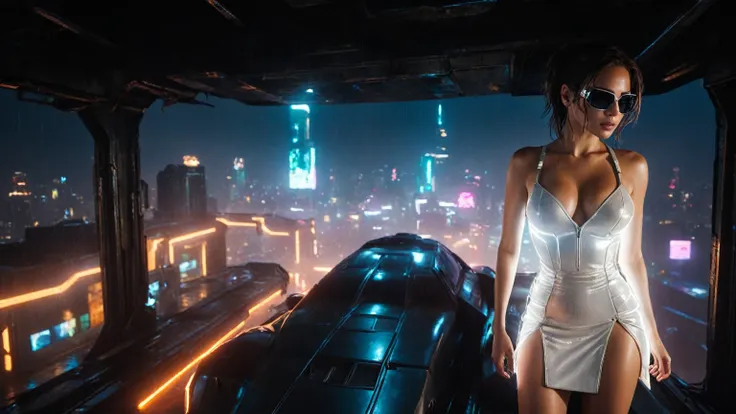 (aerial view, a flying cars docking platform, a very dark abandoned futuristic city, neon lights), rainy night. A girl as Lara Croft, solo, alone, large-breast:1.2 slim body, cleavage:1.1, sexy wind blowing wet dress:1.4, (headphone, black sunglasses), (((...