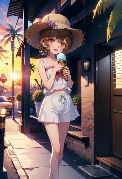 Lililukarde, Liliruka gets burned, , (Brown eyes:1.7), Brown Hair, (Flat Chest:1.2), smile,blush,Open your mouth,Straw hat,short hair,Brown tank top,Shorts,Holding ice cream in both hands,Heeled Sandals,Walking,sunset,evening,The sun is setting,whole bodyが...