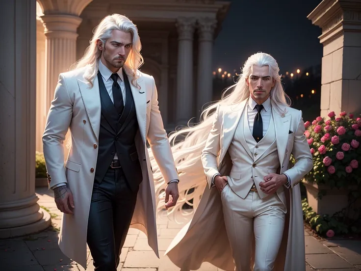 a dramatic portrait of a man with pale skin and long, thick white hair, piercing white eyes, long hair, wearing a luxurious white suit, with a high-collared fur coat, a haughty expression, in a rose garden at night, with a detailed background, cinematic li...