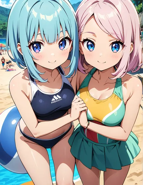 (anime artwork, anime style, studio anime, very detailed, up to date, vibrant, Anime Coloring, high contrast, masterpiece:1.2, best quality, best aesthetics),2 girl,hug from behind,swim suits, Medium chest, A glimpse of thighs,random hair, One eye is hidde...