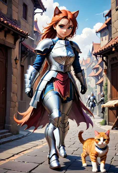 arafed a picture ((giant cat: 1.3)) walking near a knight in  fantasy street, an ((cat big as a horse)), the cat is wearing armor ready for battle, dynamic color cat BREAK a human knight, full body, ((anatomically correct: 1.5)  walking near him, female kn...