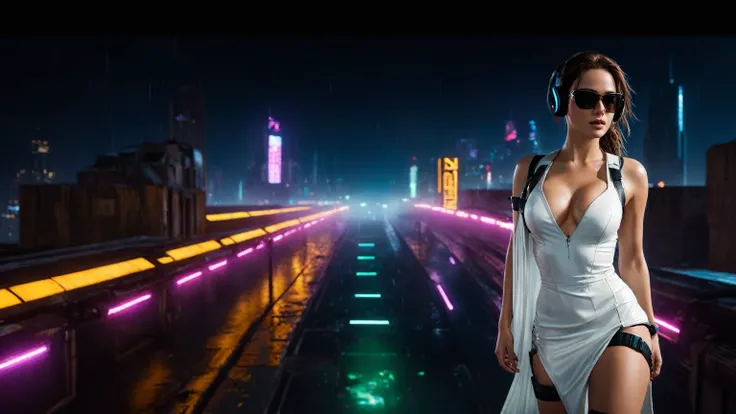 (aerial view, a flying cars docking platform, a very dark abandoned futuristic city, neon lights), rainy night. A girl as Lara Croft, solo, alone, large-breast:1.2 slim body, cleavage:1.1, sexy wind blowing wet dress:1.4, (headphone, black sunglasses), (((...