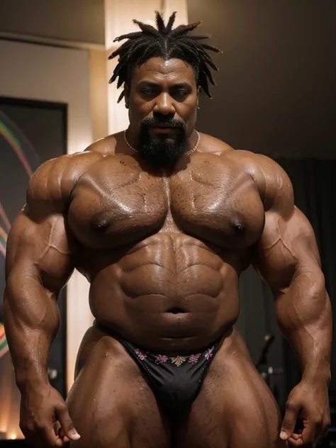 Hyperrealistic image of an African American man superhero burlesque dancer with two huge symmetrical rainbow wings very old and very sweaty gray-haired bodybuilder with dreadlocks over 80 years old very muscular and fat More than 200 kilos with a bare tors...