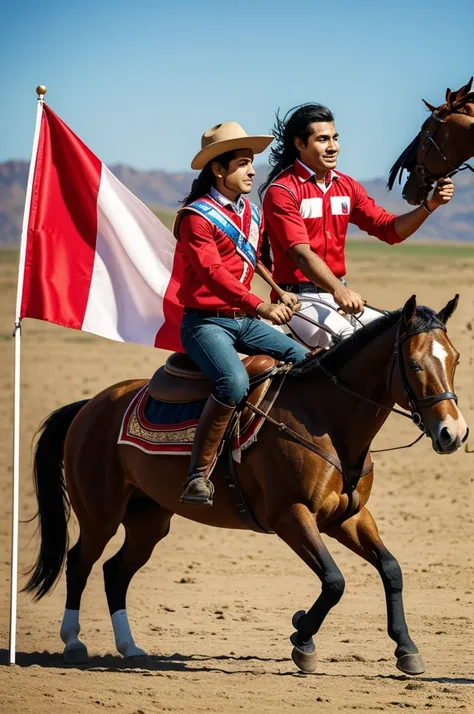 Image of a person riding a horse holding the flag of Peru and the horse being in passing