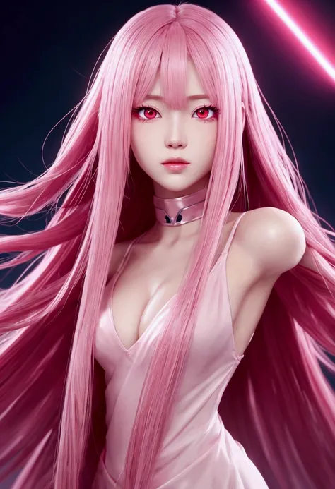 Pink semi-long hair , High  , Red Eyes , animation