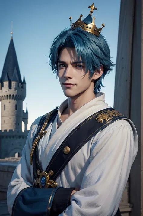 handsome 25 year old King with shaggy blue hair wearing a crown, castle background, hd, 3d, anime, unreal engine, digital art, smirking