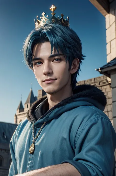 handsome 25 year old King with shaggy blue hair wearing a crown, castle background, hd, 3d, anime, unreal engine, digital art, smirking