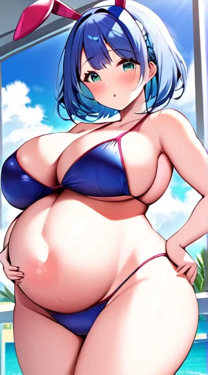 Bunny girl,Swimwear,Big Breasts,Pregnant women,Pregnant belly,Super Breasts,Blue Hair,Bobcut