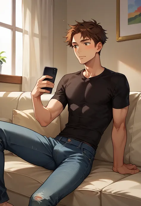 score_9, score_8_up, score_7_up, score_6_up, BREAK, 1boy, solo, sitting on the couch, eyes locked on his phone, 30yo, short brown hair, jeans and black t-shirt, medium crotch bulge.