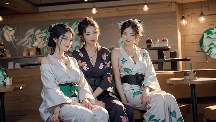 (((((((((Emphasize cleavage))))))))) 
(((((((Bra is visible)))))))
(((((((((I can see your shoulders)))))))))
(((((((((Three Women))))))))) 

(((((((((((Woman in floral yukata))))))))))


((((((White skin))))))
((((((Heavy makeup))))))
((((((Beautiful Face...