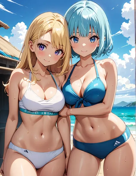 (anime artwork, anime style, studio anime, very detailed, up to date, vibrant, Anime Coloring, high contrast, masterpiece:1.2, best quality, best aesthetics),2 girl,hug from behind,swim suits, Medium chest, A glimpse of thighs,random hair, One eye is hidde...