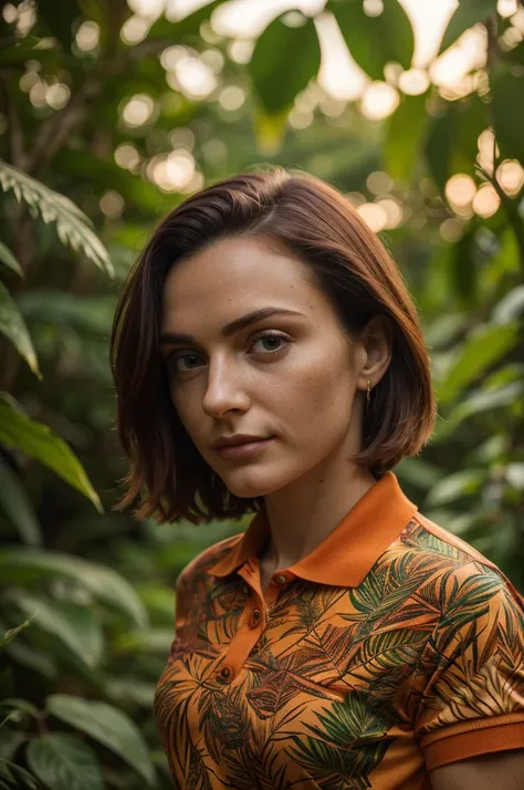 closeup headshot of S223_CharlieRed,a beautiful woman,in a (jungle:1.1),wearing a (vibrant-polo-shirt:1.15),(sunset:1.1),(8k, RAW photo, best quality, depth of field, ultra high res:1.1),(absurdres, intricate, photorealistic, masterpiece, ultra-detailed:1....