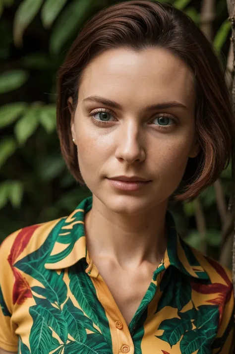 closeup headshot of S223_CharlieRed,a beautiful woman,in a (jungle:1.1),wearing a (vibrant-polo-shirt:1.15),(sunset:1.1),(8k, RAW photo, best quality, depth of field, ultra high res:1.1),(absurdres, intricate, photorealistic, masterpiece, ultra-detailed:1....