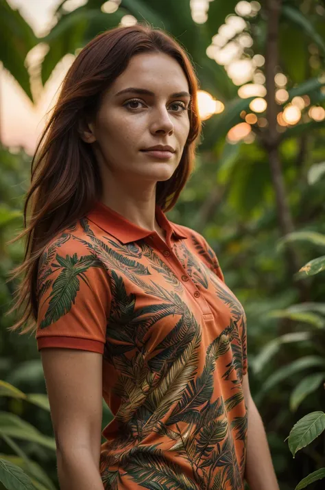 closeup headshot of S223_CharlieRed,a beautiful woman,in a (jungle:1.1),wearing a (vibrant-polo-shirt:1.15),(sunset:1.1),(8k, RAW photo, best quality, depth of field, ultra high res:1.1),(absurdres, intricate, photorealistic, masterpiece, ultra-detailed:1....