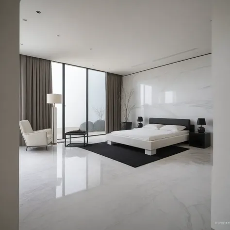 Raw photo,Masterpiece, high quality, best quality, authentic, super detail,
indoors, interior , ((bedroom :1.3)), modern style, daylight, (WHITE WALL),luxury, marble tile floor, fridge, black stone counter top