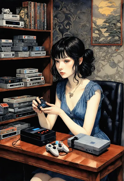 A girl who collects retro game consoles. Moody lighting. Adrian Jeanie style, Surrealism, takato yamamoto, Tim Burton. Gwaiz. Pixiv. watercolor.A happy look