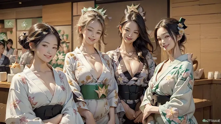 (((((((((Emphasize cleavage))))))))) 
(((((((Bra is visible)))))))
(((((((((I can see your shoulders)))))))))
(((((((((Three Women))))))))) 

(((((((((((Woman in floral yukata))))))))))


((((((White skin))))))
((((((Heavy makeup))))))
((((((Beautiful Face...