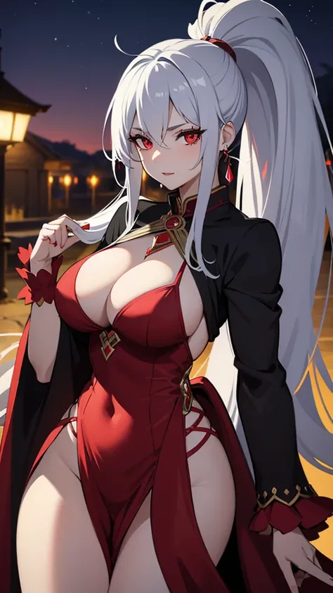 A anime mature woman with long ponytail silver,she is a vampire,she had a red eye,she wearing a red dancer egyptian dress,scenery is fancy festival at night behind her