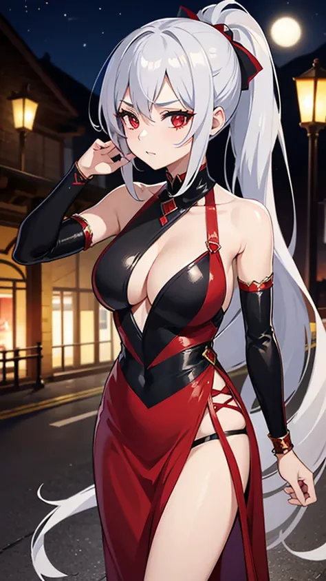 A anime mature woman with long ponytail silver,she is a vampire,she had a red eye,she wearing a red dancer egyptian dress,scenery is fancy festival at night behind her