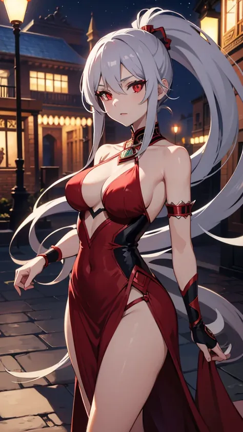 A anime mature woman with long ponytail silver,she is a vampire,she had a red eye,she wearing a red dancer egyptian dress,scenery is fancy festival at night behind her