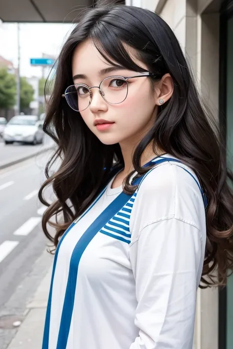 Teenage girl with medium wavy hair, wear round glasses and a white  with a blue stripe on the sides