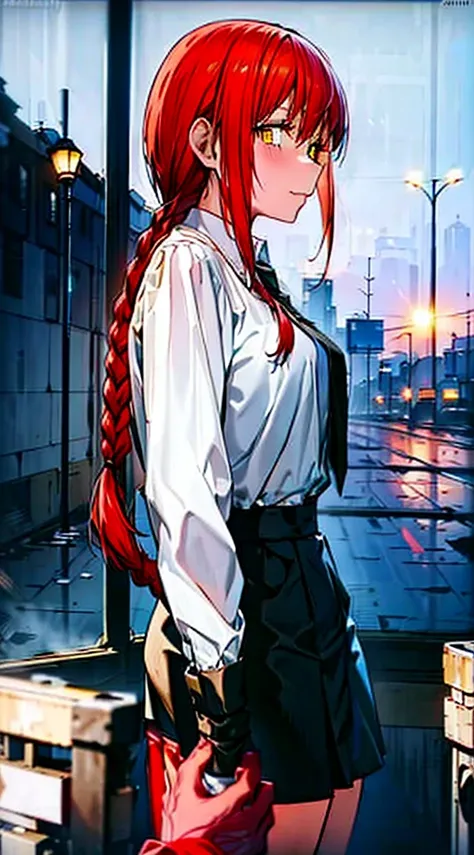 high qualiy, best qualityer, 4K, 8k, lights, 1 girl, Makima, Black Skirt, Red hair, long hair, plaits, yellow  eyes, long hair vermelho, plein-air, ​masterpiece