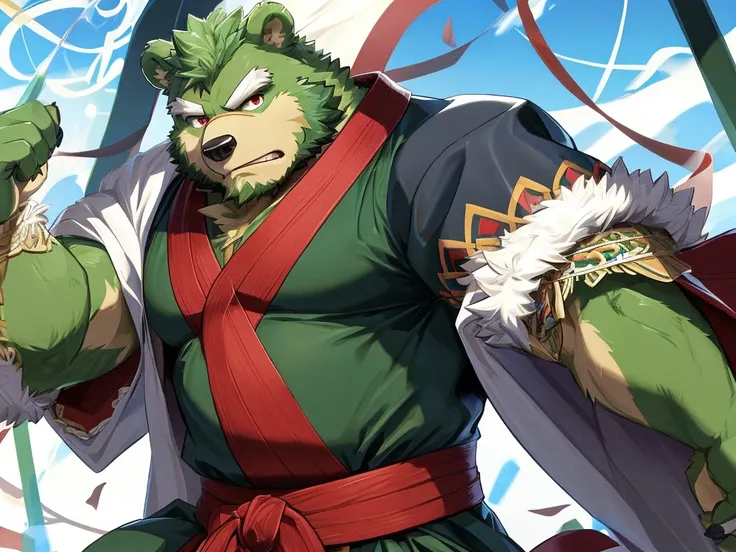 anthro, kemono, male, solo,  (((green bear))), (((green fur))), green hair, beard, white eyebrows, mature, sketch drawing, cowboy shot, solo, Perfect red eyes, Cool Pose, Charming, Handsome, Good Looking, tmasterpiece, Best quality at best, hyper-detailing...