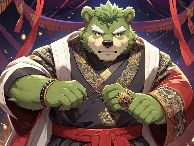 anthro, kemono, male, solo,  (((green bear))), (((green fur))), green hair, beard, white eyebrows, mature, sketch drawing, cowboy shot, solo, Perfect red eyes, Cool Pose, Charming, Handsome, Good Looking, tmasterpiece, Best quality at best, hyper-detailing...