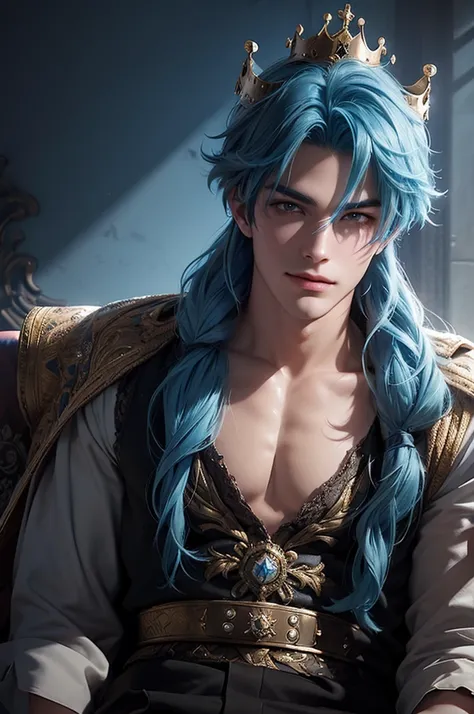 handsome 25 year old King with shaggy blue hair wearing a crown, castle background, hd, 3d, anime, unreal engine, digital art, smirking