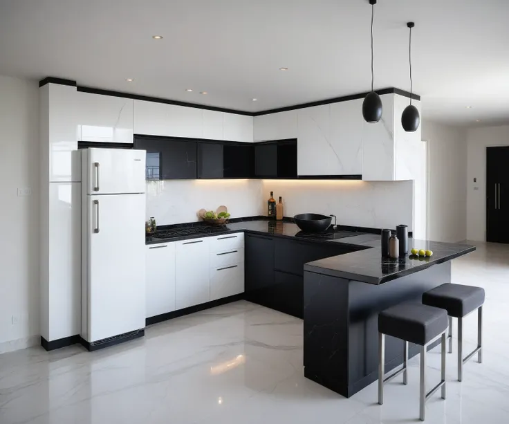 Raw photo,Masterpiece, high quality, best quality, authentic, super detail,
indoors, interior , (( kitchen :1.3)), modern style, daylight, (WHITE WALL),luxury, marble tile floor, fridge, black stone counter top