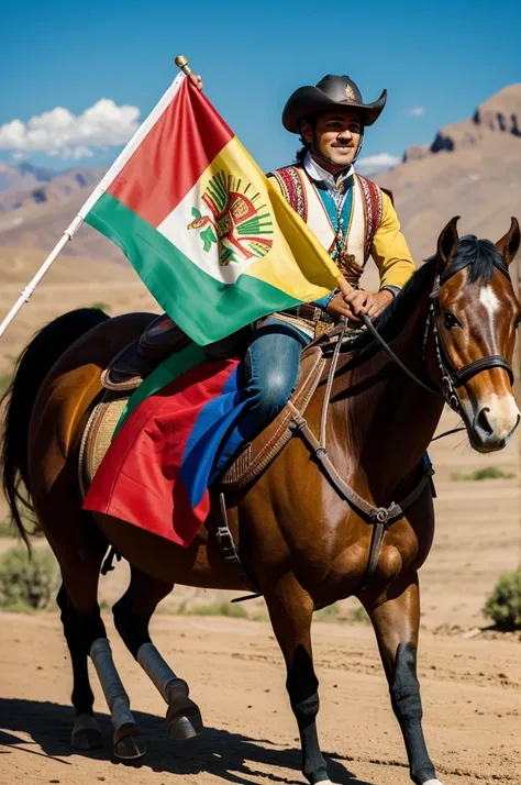 Image of a person riding a paso horse holding the Peruvian flag high