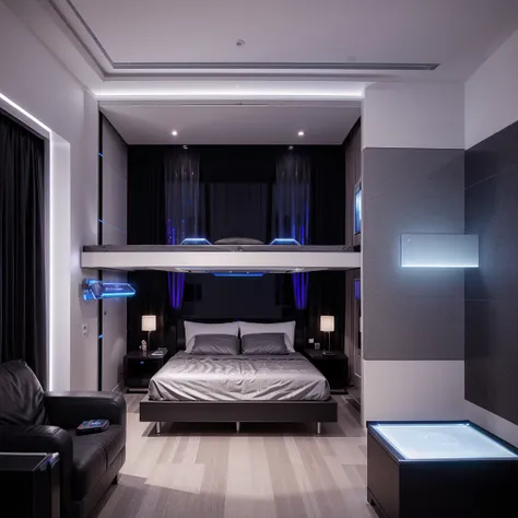 Develop a futuristic bedroom design with a floating bed, a holographic display, and a smart home system controlled by voice commands.