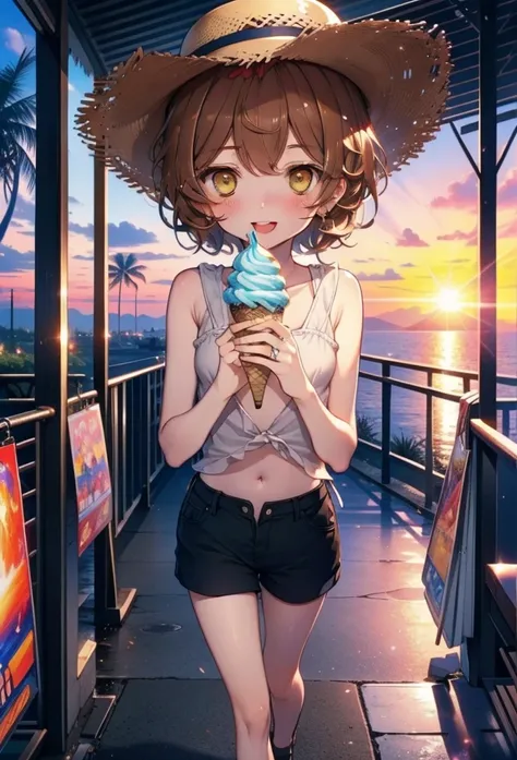 Lililukarde, Liliruka gets burned, , (Brown eyes:1.7), Brown Hair, (Flat Chest:1.2), smile,blush,Open your mouth,Straw hat,short hair,Brown tank top,Shorts,Holding ice cream in both hands,Heeled Sandals,Walking,sunset,evening,The sun is setting,whole bodyが...