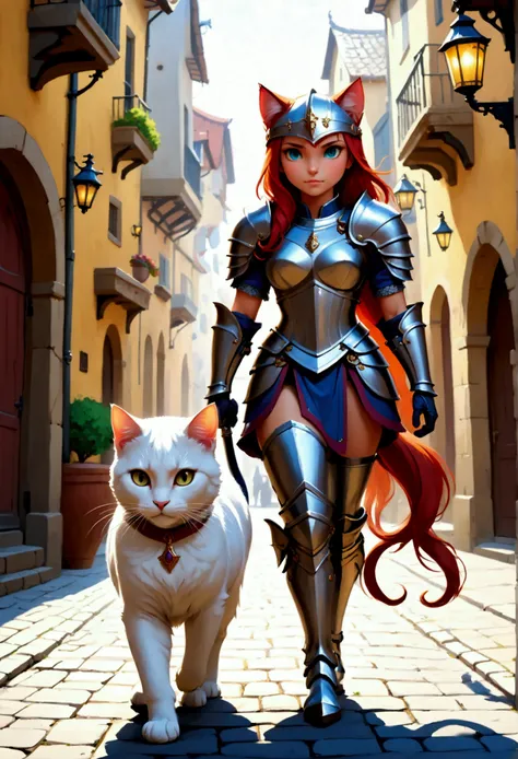 arafed a picture of knight with her  ((huge cat: 1.3)) walking near her in  fantasy street, an ((cat big as a horse)), the cat is wearing armor ready for battle, dynamic color cat BREAK a human knight, full body, ((anatomically correct: 1.5)  walking near ...