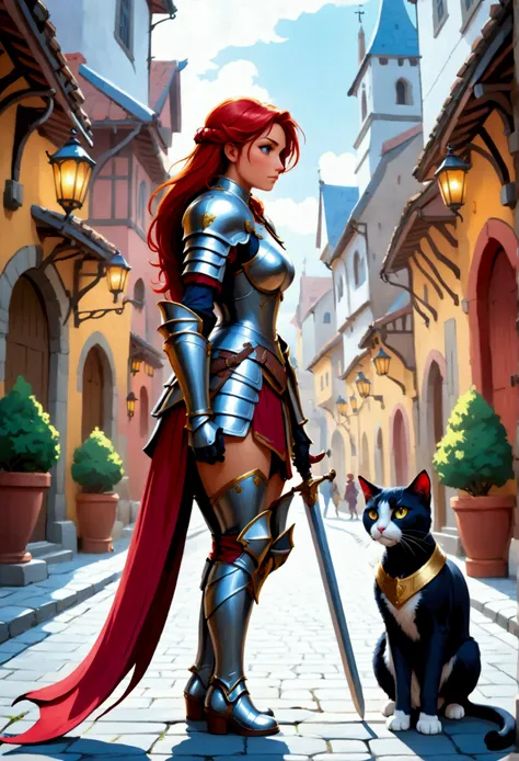 arafed a picture of knight with her  ((huge cat: 1.3)) walking near her in  fantasy street, an ((cat big as a horse)), the cat is wearing armor ready for battle, dynamic color cat BREAK a human knight, full body, ((anatomically correct: 1.5)  walking near ...