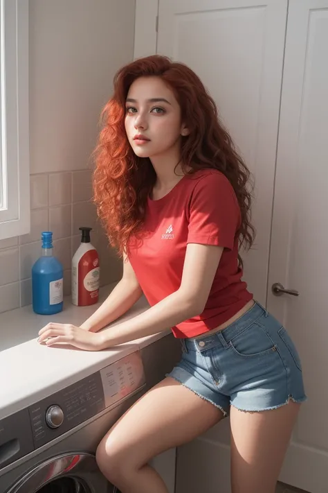 (Kizi:1.2),standing alone, (long red and curly hair:1.1), eyes browns, Sit on a washing machine, blue shorts, Red shirt, cross legs,CRU,photographic,photo shadows,real,Ridiculous,aesthetics,chic
