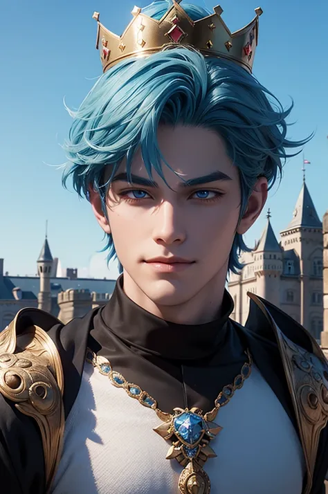 handsome 25 year old King with shaggy blue hair wearing a crown, castle background, hd, 3d, anime, unreal engine, digital art, smirking