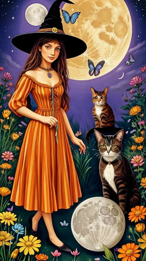 Female Hippie witch wearing pointy hat holding a crystal ball with two cats nearby surrounded by flowers and butterflies with the Moon phase is in the background. One cat is orange stripe with a m on his forehead and the other cat is cream color