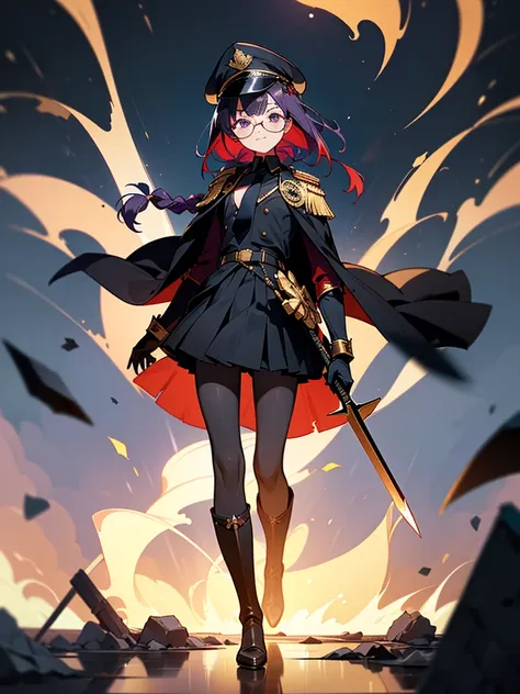 realisitic, City Deserted, Pile of rubble, Brick building, a one woman (18 years old, far away blackw hair, far away slits, Eyes red, glare eyes, 精致的面容, standing (In floor, feet shoulder-width apart), Lolita style military uniform (blackw base, Red Insert,...