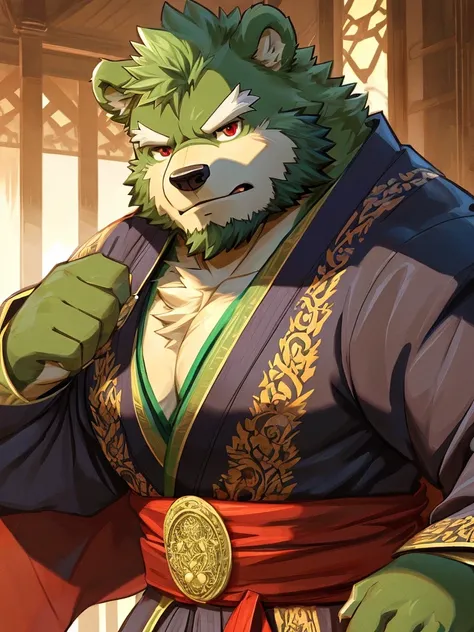 anthro, kemono, male, solo,  (((green bear))), (((green fur))), green hair, beard, white eyebrows, mature, sketch drawing, cowboy shot, solo, Perfect red eyes, Cool Pose, Charming, Handsome, Good Looking, tmasterpiece, Best quality at best, hyper-detailing...