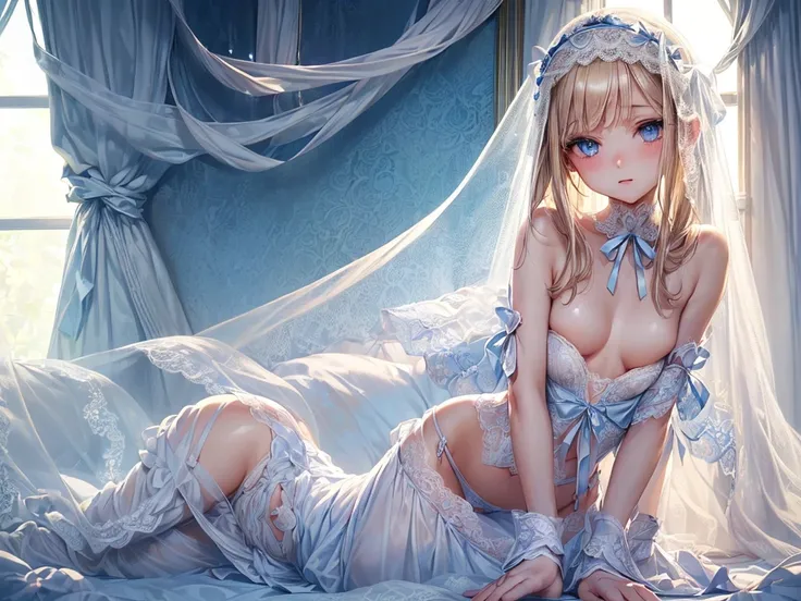 (((depict young pure girll))), (((top-quality, masterpiece))), ((lace lingerie)), ((swirling veil)) ((cute white lingerie with lot of details)), (((light blue ribbons on lingerie))), straight blond hair, deep blue eyes, ((small breasts)), (((topless))), ni...