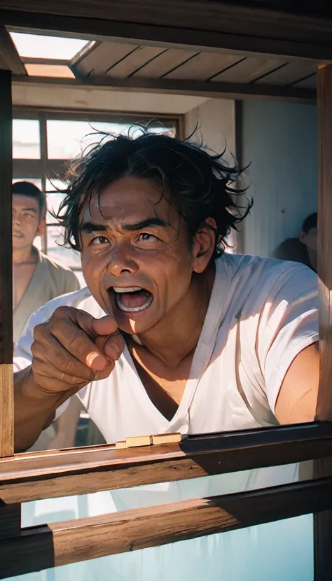 (8k, RAW Photos, Highest quality, masterpiece: 1.4), (((Four Asian men playing mahjong)))，Ultra-high resolution, Very detailed, Light, Close-up of a second floor window, Greasy man, Messy Hair, Dark Skin,dark, sleeveless vest, Open your mouth and debate,(P...