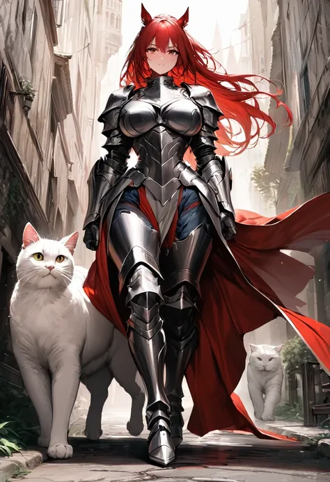 aarafed a picture of knight with her ((epic huge cat: 1.3)) walking near her in fantasy street, an ((cat big as a horse)), the cat is wearing armor ready for battle, dynamic color cat BREAK a human knight, full body, ((anatomically correct: 1.5) walking ne...