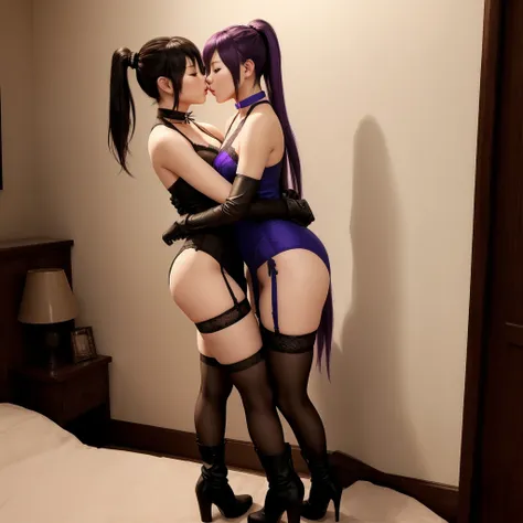 sexy ayane and kasumi from doa (dead or alive), 2 girls, wearing sexy traditional tight asian dresses, noble elegant dress, perf...