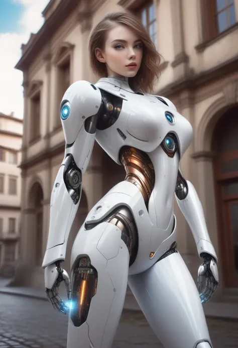 There is a woman in a robot suit posing next to an old building, Beautiful half cyborg white girl, cute cyborg girl, Beautiful cyborg girl, The perfect robot girl, cyborg girl, Young lady cyborg, beautiful Female robot, Beautiful robot woman, cyborg girl, ...