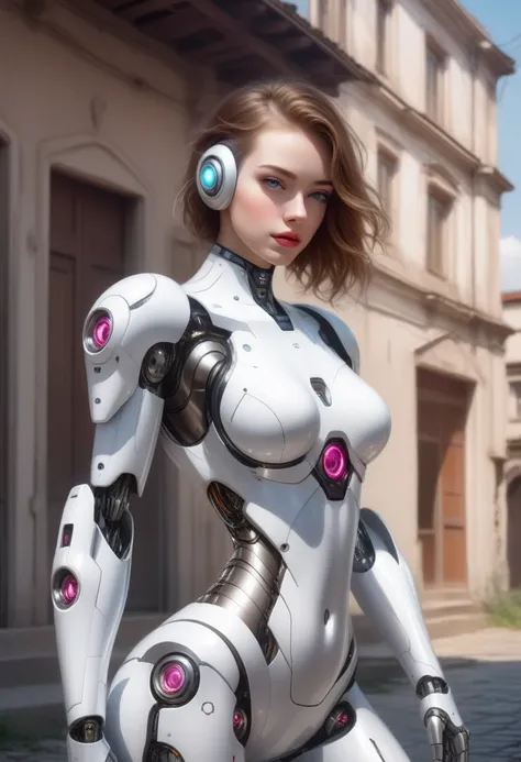 There is a woman in a robot suit posing next to an old building, Beautiful half cyborg white girl, cute cyborg girl, Beautiful cyborg girl, The perfect robot girl, cyborg girl, Young lady cyborg, beautiful Female robot, Beautiful robot woman, cyborg girl, ...