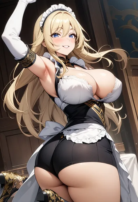 (masterpiece), (best quality), (Extremely detailed),Extremely detailed CG unity 8k wallpaper,Official Art,Expressive eyes,Solitary, (Arm stretch, Smile 1.2), (1 Girl, Mature female, Large Breasts, Big Ass，blond, Long hair, blue eyes),被Big Ass撑起来的裙子,huge ，S...