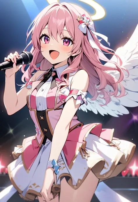 high quality, detailed, 1girl, angel, angel wing, halo, idol costume, 18 years old, pink long wavy hair, red purple eyes, smile, open mouth, singing, on the stage, put one hand up, holding microphone 